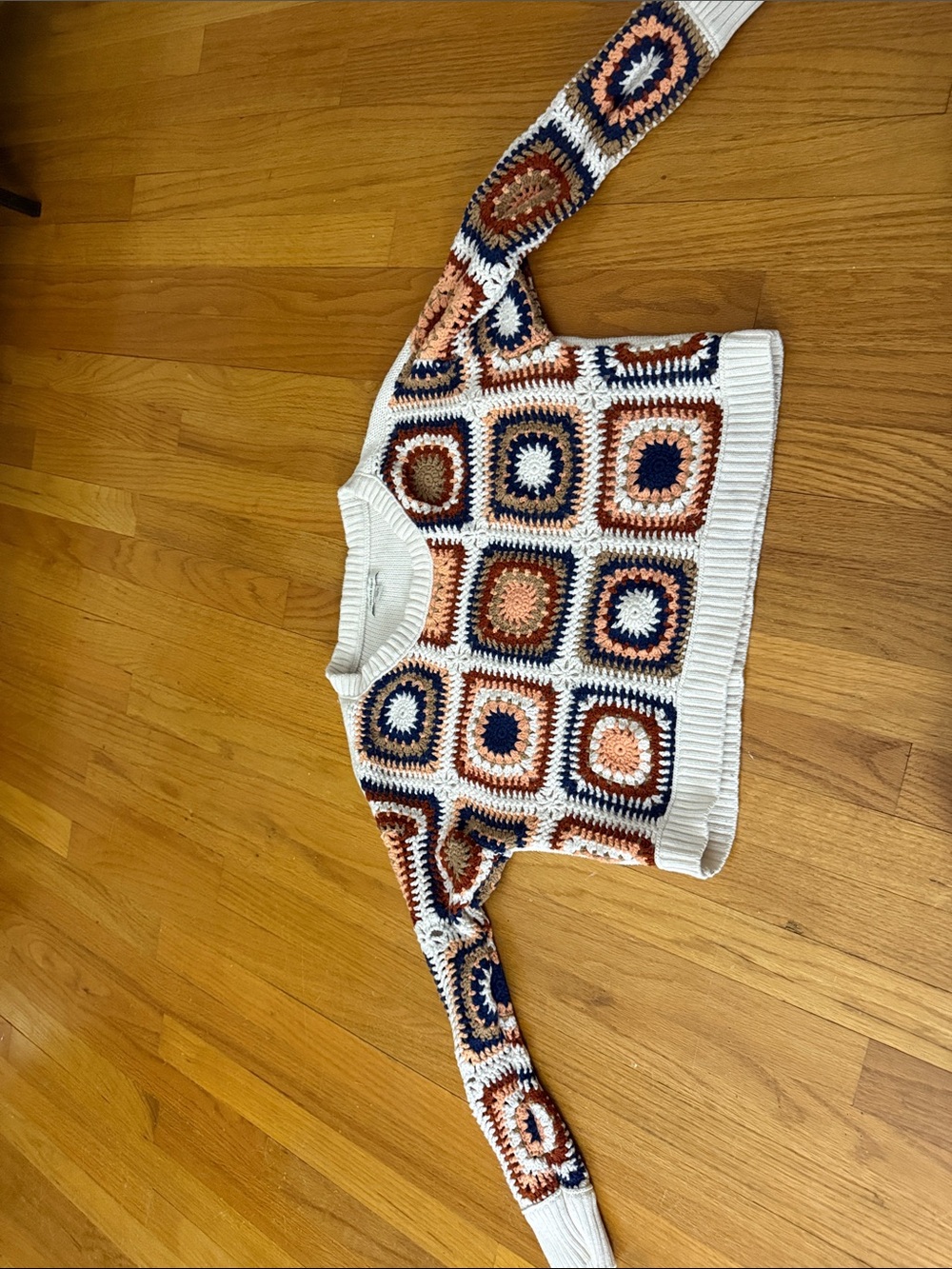Crochet Granny Square Pullover Sweater in Cream, Navy & Rust